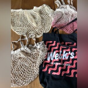 Mesh Tote Bags ( 3) and Black Graphic Tote from Welks General Store Vancouver BC